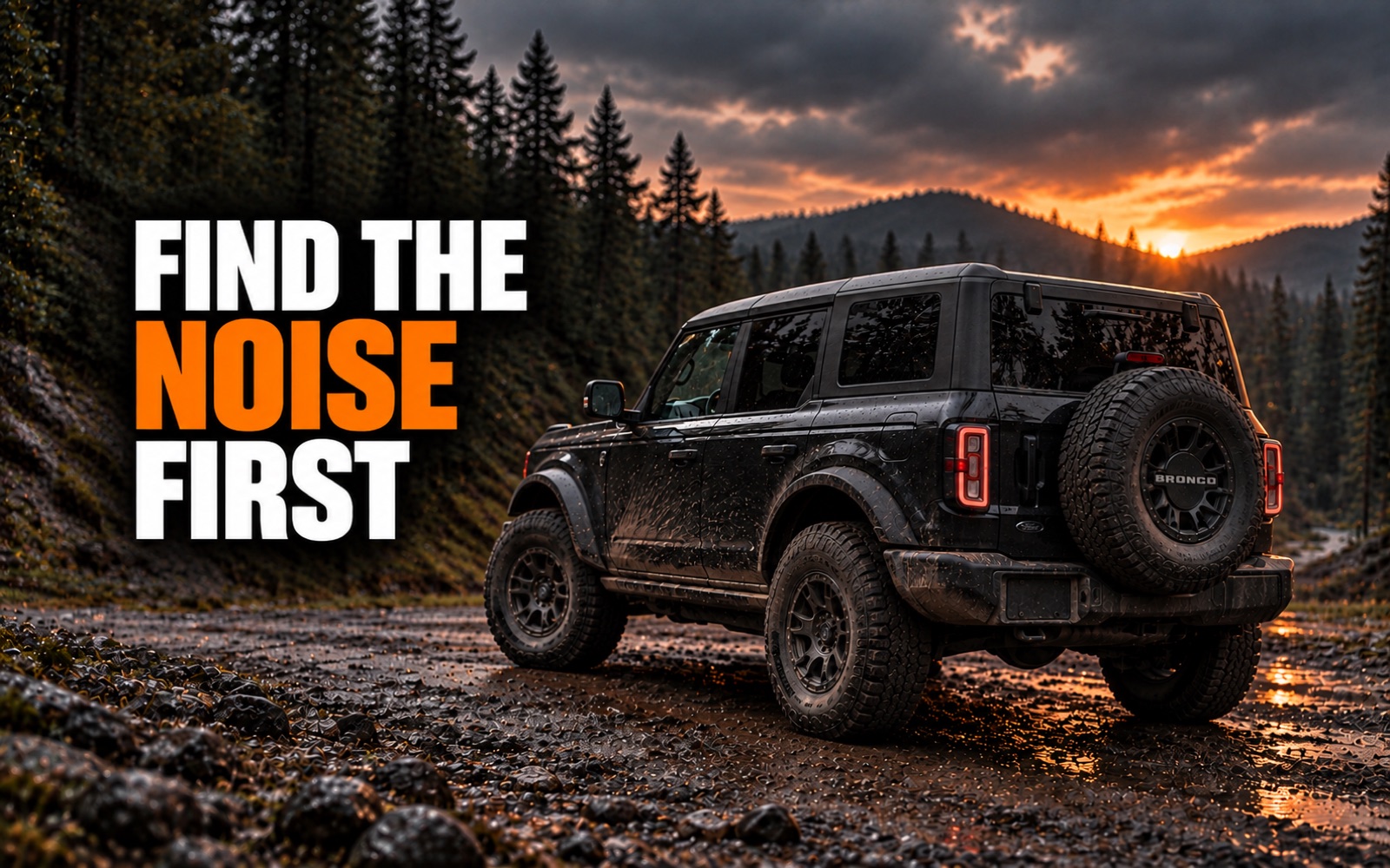 Find the Noise First — a mud-splattered black four-door Ford Bronco hardtop on a wet forest trail at sunset